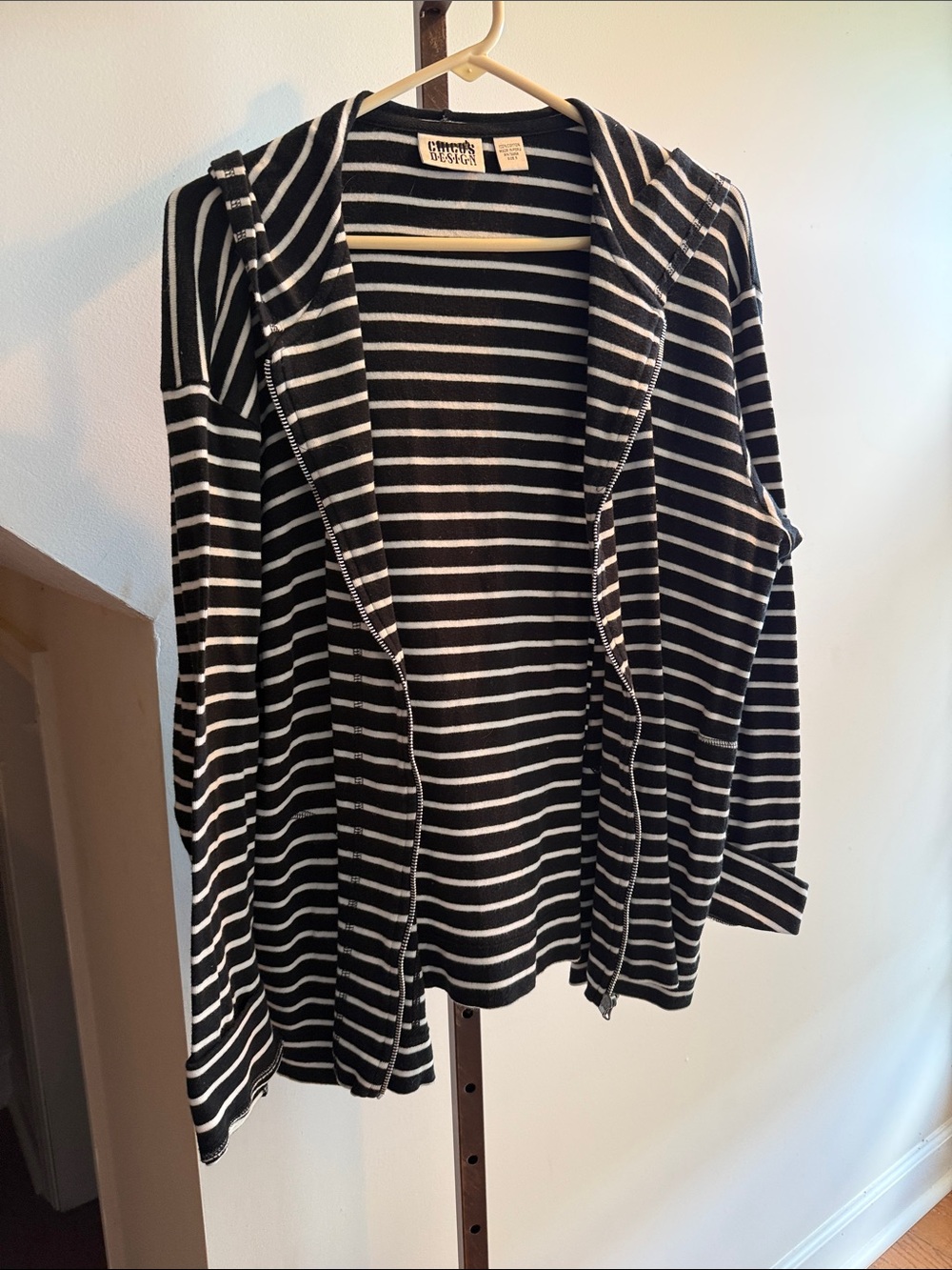 Chico’s Black & White Striped Hoodie Sweater